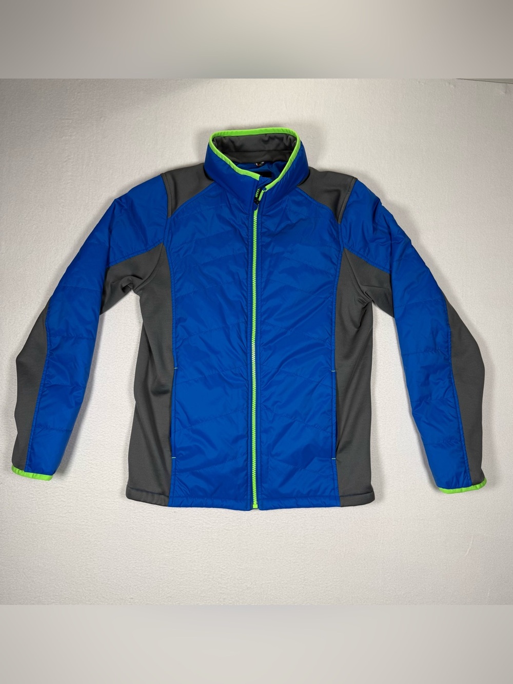 Lands' End Kids Blue and Gray Jacket with Neon Green Trim zip up hood large